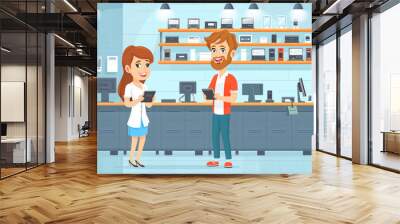 Happy couple buying a smartphone in store. New digital device concept Wall mural