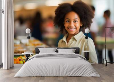 Happy elementary school girl having a healthy lunch and smiling at table in school cafeteria. Generative AI Wall mural