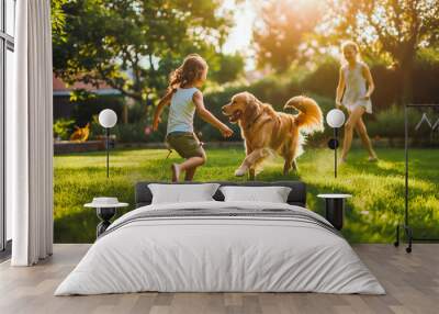 Happy family playing with happy golden retriever dog on the backyard lawn. Wall mural