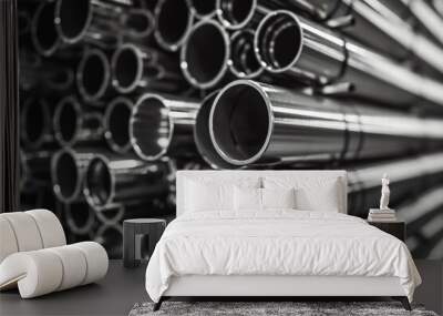 High quality steel pipe or aluminum in stack waiting for shipment in warehouse, Steel industry. Wall mural