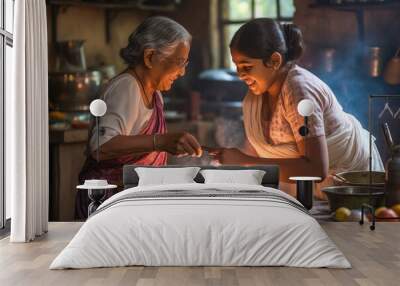 Indian grandmother teaching her granddaughter cooking skills in a traditional kitchen. Concept off bonding, love, and heritage Wall mural