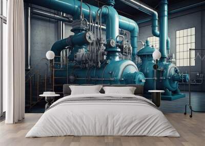 Industrial pump room in a power plant, blue colored pumps, valves and pipes. Generative AI Wall mural