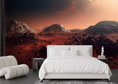 Landscape of unknown red planet surface with craters and mountains and moons. Extraterrestrial landscape. 3D render. High quality generative ai. Wall mural