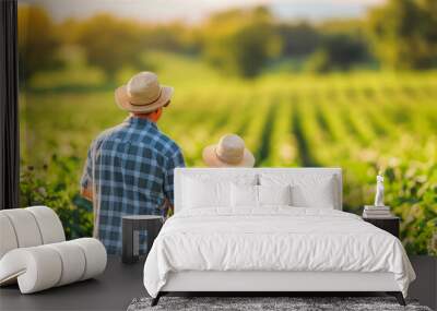 Little boy and his farmer dad on a agriculture field Wall mural