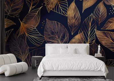 Luxury wallpaper design with Gold leaf and natural background. Leaves line arts design for fabric, prints and background texture, Vector illustration. Wall mural