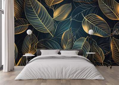 Luxury wallpaper design with Gold leaf and natural background. Leaves line arts design for fabric, prints and background texture, Vector illustration. Wall mural