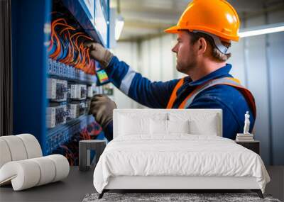 Male commercial electrician at work on a fuse box, adorned in safety gear, demonstrating professionalism Wall mural