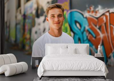 man wearing white t-shirt with recycling sign Wall mural