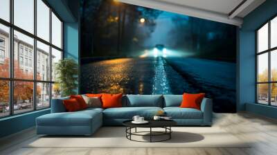 Midnight road or alley with a car driving away in the distance. Wet hazy asphalt road. A crime midnight activity concept Wall mural