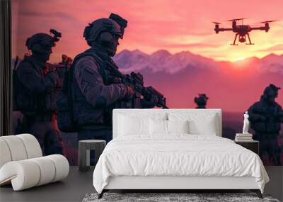 Military team armed with guns and a drone under a pink sunset Wall mural