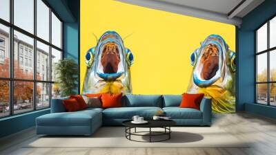 Mockup template banner with two fishes with open mouth, Amazed astonished surprised shocked concept, Copyspace, yellow backrground Wall mural