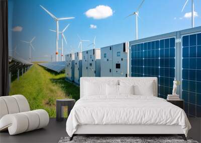 Modern battery energy storage system with wind turbines and solar in grass fields Wall mural