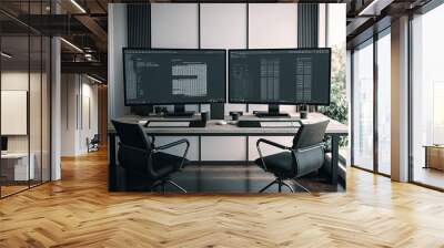 Modern office with two wide computer screens with programming code. Generative AI Wall mural