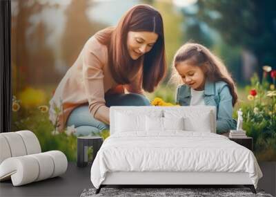 Mother and young daughter gardening together, bonding while planting flowers and vegetables, nurturing growth and cultivating a love for nature Wall mural