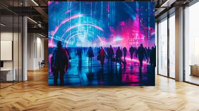 Night scenery of futuristic city with many people in teleport station, digital art style, illustration painting Wall mural