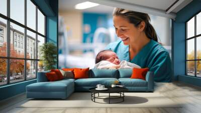 Nurse cradling a newborn baby, displaying genuine emotions of nurture and care for infant. New beginnings moment captured in a modern hospital setting Wall mural