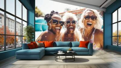 Older woman friends with sunglasses on having fun at a water park, generative ai Wall mural