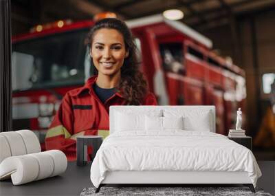 Portrait of a confident Hispanic female firefighter standing in front of the fire truck in her uniform ready to take action Wall mural