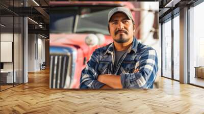 Portrait of Hispanic male truck driver standing in front of his truck Wall mural