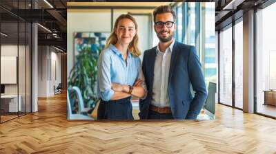 Portrait of two business people standing in an office Wall mural