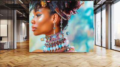 Portrait profile close beautiful black african woman exotic fashionista style photo, exotic hairstyle, long neck, giant necklaces with gemstones, diamonds and pearls, oversized earrings. Wall mural