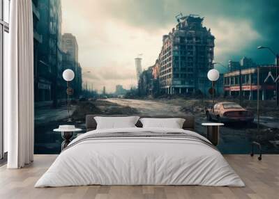 Post apocalyptic city view cityscape. City in ruins. Dystopian future. Generative ai Wall mural