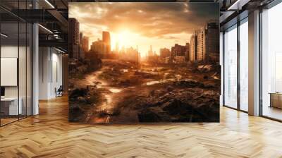 Post apocalyptic city view cityscape. City in ruins. Dystopian future. Generative ai Wall mural