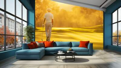 Professional male golfer wearing sport wear in golf tournament on beautiful green course Wall mural