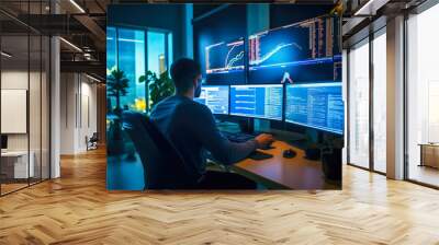 Programmer sitting in front of two large computer monitors with lines of code in a dimly lit office background at evening. Generative AI Wall mural