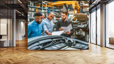 Project manager and automotive engineer discussing Scheme on over paper at glass desk at car factory. Automated robot arm assembly line manufacturing. Wall mural