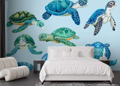 set of funny cartoon sea turtles on white background sea turtle watercolor Wall mural