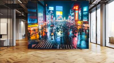 Shibuya crossing in Tokyo, neon night city colors. Generative AI Wall mural