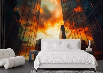 Silhouette of business man following his ambitions, standing between two skyscrapers at sunset Wall mural