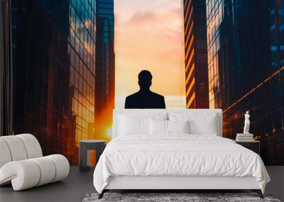 Silhouette of business man following his ambitions, standing between two skyscrapers at sunset Wall mural