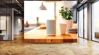 Smart speaker assistant on a kitchen table. Concept of AI technology in everyday life and the future of home automation. Nobody Wall mural