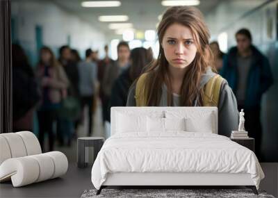 solitary teenage girl stands in a school hallway, her eyes downcast, her posture and expression revealing signs of depression, stress, and the heavy weight of bullying Wall mural