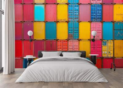 Stacked cargo containers in the storage area of freight sea port terminal, concept of export-import and national delivery of goods. Wall mural