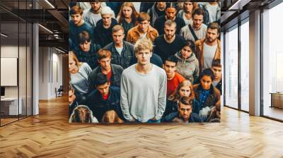 Stand out from the crowd concept with blonde man standing out from large crowd of people Wall mural