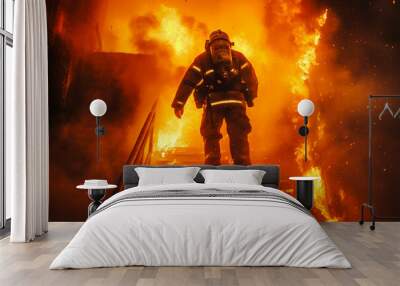 Strong and brave Firefighter Going Up The Stairs in Burning Building. Stairs Burn With Open Flames. Wall mural