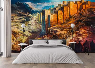 The Battle of Jericho. The walls of Jericho collapsing as the Israelites march around them. Illustration Wall mural