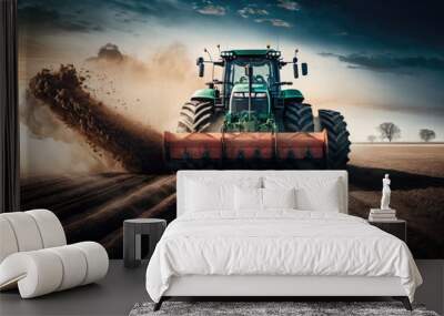 Tractor plowing the field, preparing soil for sowing seeds in sunset. Generative AI Wall mural