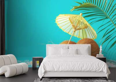 Tropical beach concept made of coconut fruit and sun umbrella. Creative minimal summer idea. Wall mural