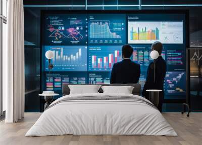 Two businessmen engaged in strategic discussions on data analytic in front of a large information wall with graphs, charts and data, innovation and technology concept Wall mural