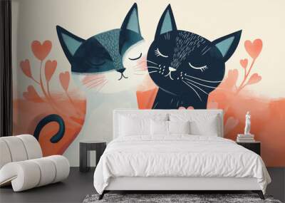 Two cute cats in love, romantic animal illustration Wall mural