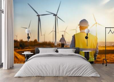 Two engineers in hard hats and reflective vests observing wind turbines at sunset, representing renewable energy and teamwork Wall mural