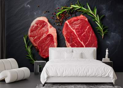 Two juicy raw steaks on a slate or dark shale background with pepper and herbs. Generative AI Wall mural