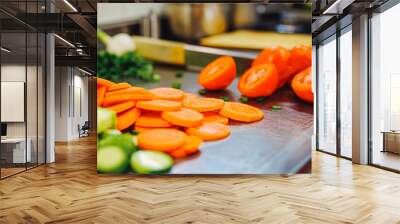 vegetables getting chopped on a desk in bright kitchen Wall mural