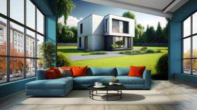 Very modern house with garden in front on a sunny day, with green lawn and trees. Generative AI Wall mural