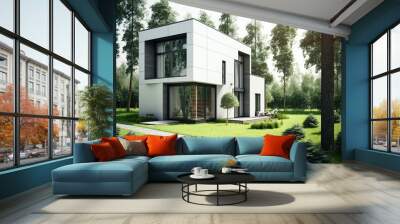 Very modern house with garden in front on a sunny day, with green lawn and trees. Generative AI Wall mural