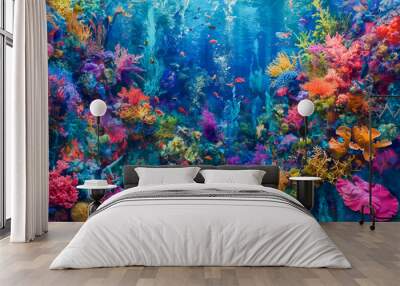 Vibrant coral reef teeming with exotic sea creatures Wall mural